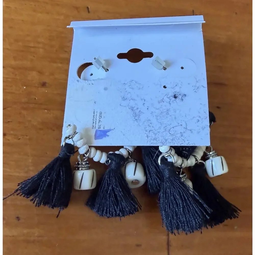 Boho Black White Beaded Bracelet Earrings Matching Set Tassel Statement Jewelry